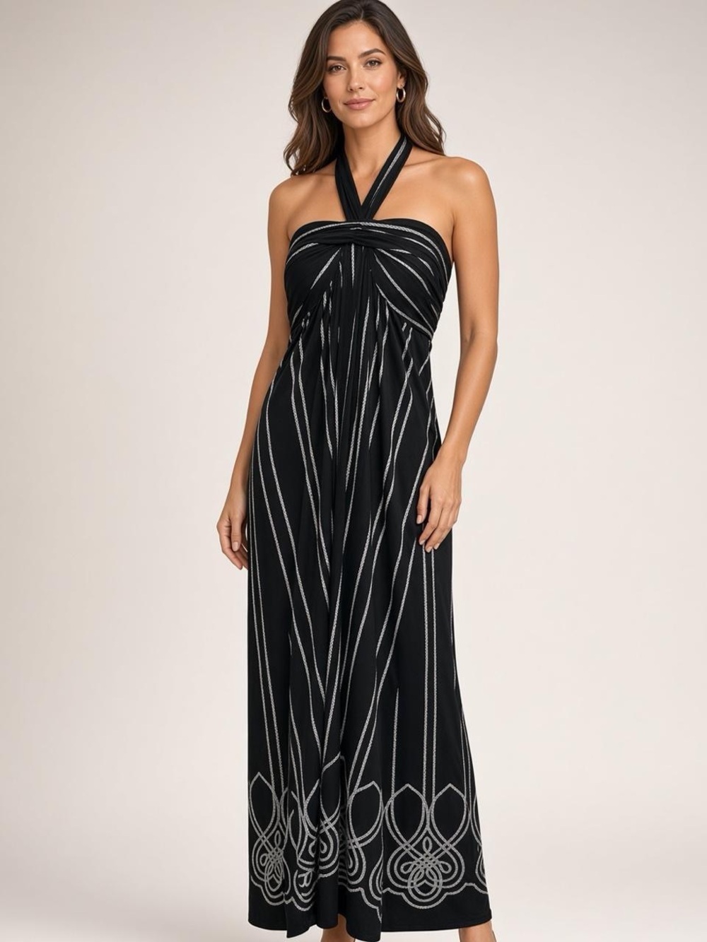 Soma Large Strapless Halter Maxi Dress Black White Geometric Resort Built in Bra